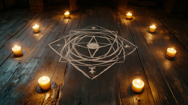 A mystical sigil drawn in chalk on an ancient wooden floor, surrounded by lit candles