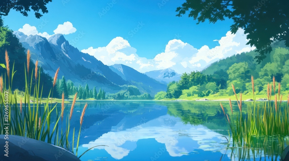Poster serene lake scene reflecting mountains clouds and surrounding greenery