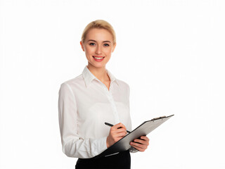 A confident professional woman in a white shirt holding a clipboard, symbolizing business management, organization, and workplace efficiency.