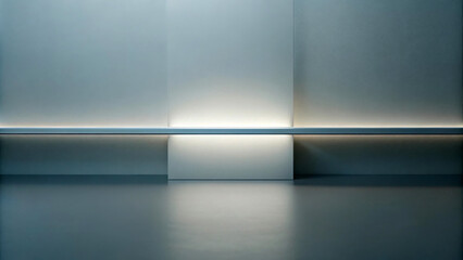 Obraz premium A minimalist interior space features a sleek, linear design with soft lighting highlighting the geometric structures. The calm, muted colors create a serene and sophisticated atmosphere.AI