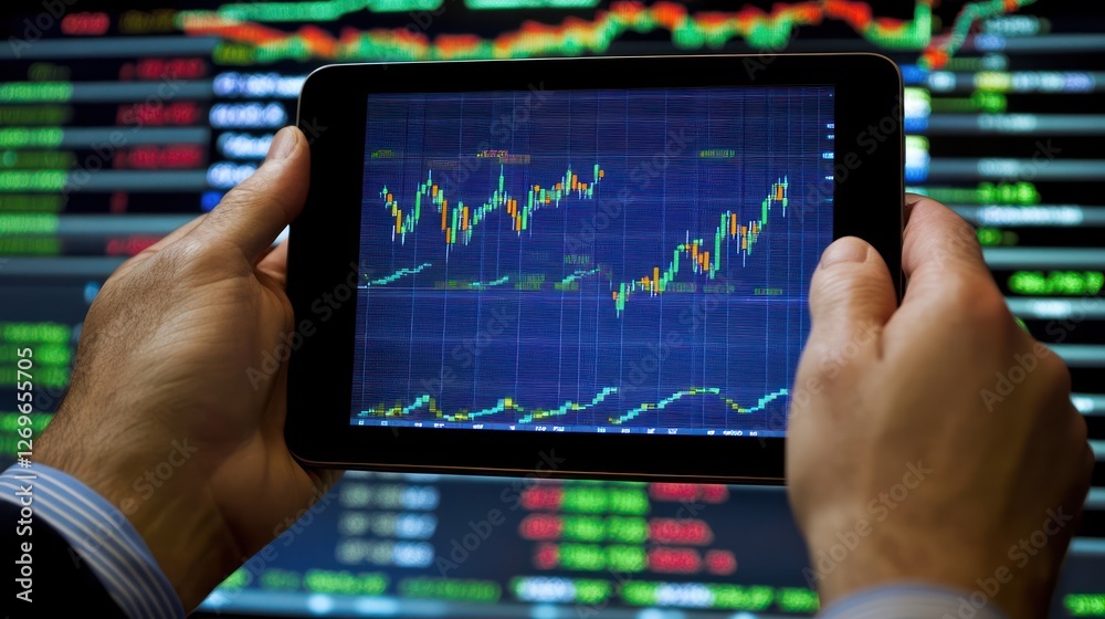 Poster Man holds tablet displaying stock market data and charts