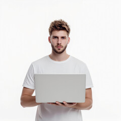 A young man working on a laptop in a minimalistic setting, symbolizing online learning, remote work, and modern digital productivity.