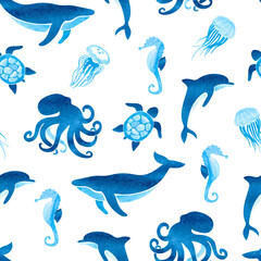 Seamless nautical pattern with watercolor sea animals - whale, dolphin, octopus and turtle. Vector watercolor underwater life print