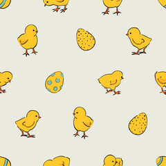 Easter pattern with cute baby chicks and eggs. Vector holiday print