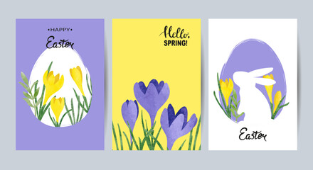 Happy Easter greeting cards set. Vector holiday posters with watercolor spring flowers, eggs and rabbit