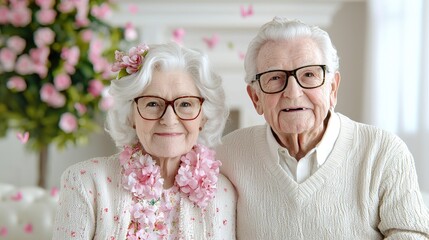 Elderly couple portrait, romantic home setting, flowers falling, love