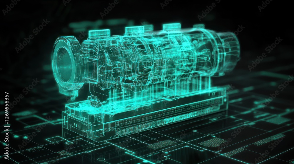 Poster Digital rendering of an engine displayed as a wireframe model