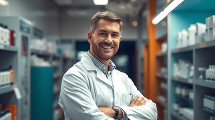 Fototapeta premium Smiling Senior Pharmacist in a Modern Pharmacy – Healthcare Professional