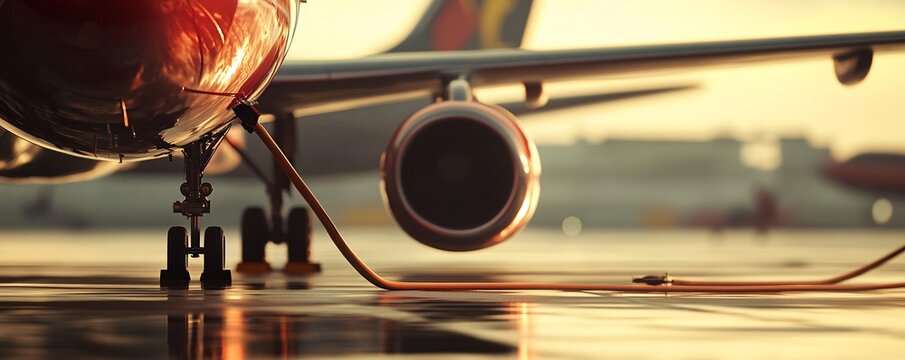 Airplane being refueled on the airport tarmac at sunset