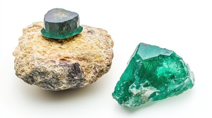 Rough emeralds on rock, white background, geology, jewelry