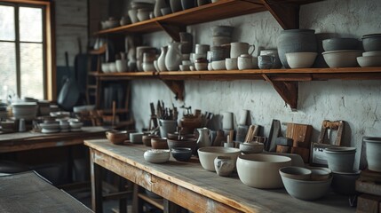 Pottery studio with various ceramics
