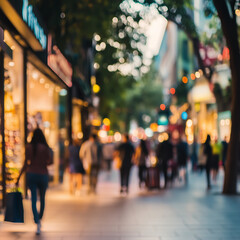 "Blurred Vibrant City Shopping Street with Warm Urban Atmosphere"