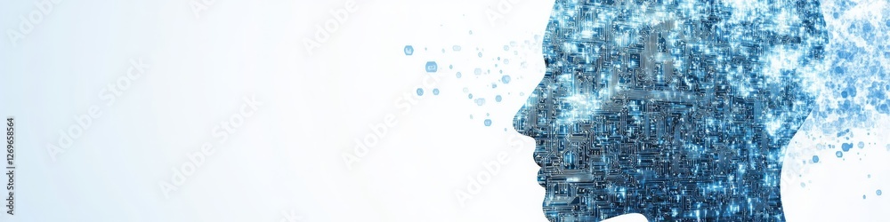 Poster abstract human head profile formed by glowing interconnected circuits and binary code