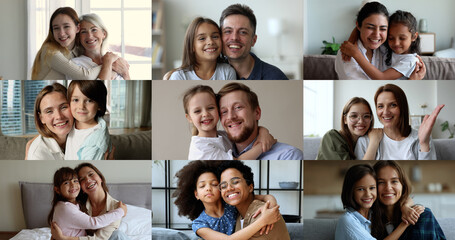 Multiple videos, collage of loving families with children sit on couch at home smile look at camera. Portrait of video call event participants, application usage, family day celebration, ties and bond
