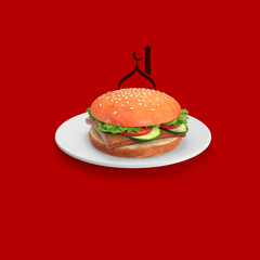 Halal Beef Burger, Juicy Ramadan Kareem Iftar Burger on a Plate, Eid, Ramadan, Eid ul Adha moon food concept burger isolated 3d render. It represents the  Muslim Eid Festival and  Restaurant theme 