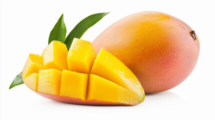 delicious ripe cut mango half on white background