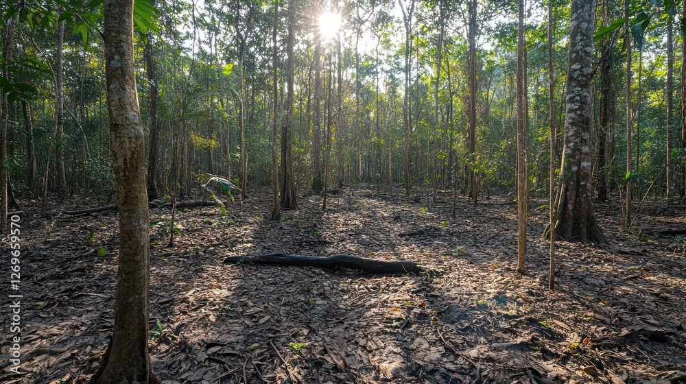 Poster sunlight filters through a dense tropical forest environment