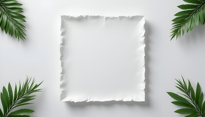 Torn Edge White Paper with Palm Leaves on Minimalist Background, advertising copy space, backgrounds