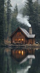 Fototapeta premium Cozy Lakeside Cabin with Rustic Wood Exterior Surrounded by Trees