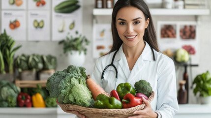 Nutritionist presenting vegetables in a well-lit room, health posters on walls, informative setting.