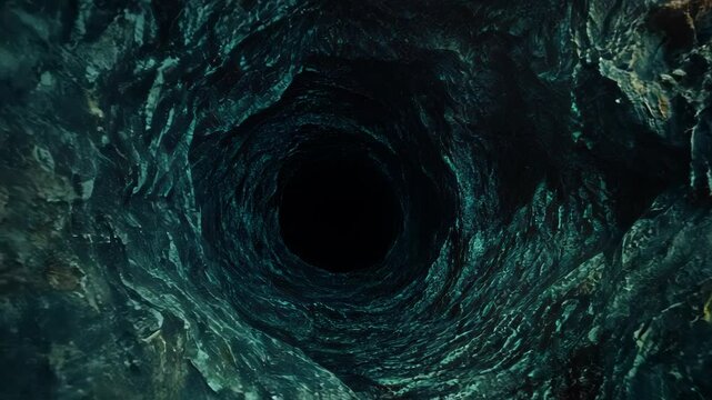 A deep, dark well with textured stone walls, creating a sense of depth and mystery.