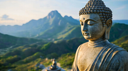 Fototapeta premium A beautiful scene of a stone Buddhist statue, Buddha standing at the top of the mountain with an uninterrupted mountain range behind him, holding cultural and religious significance.