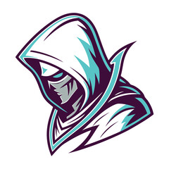Futuristic Hooded Warrior with Gas Mask Emblem .
