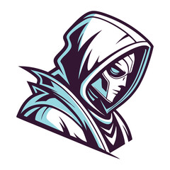 Futuristic Hooded Warrior with Gas Mask Emblem .