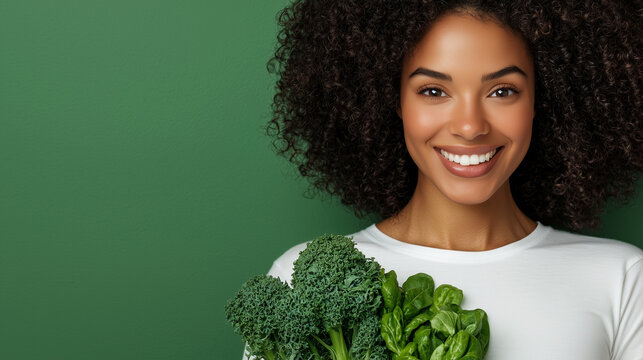Young woman in white t-shirt, smiling and holding greens, soft cool lighting backdrop.