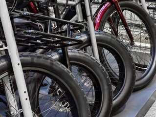 Fototapeta premium Bicycles lined up in a vibrant urban setting showcasing sleek designs and sturdy tires during a sunny afternoon