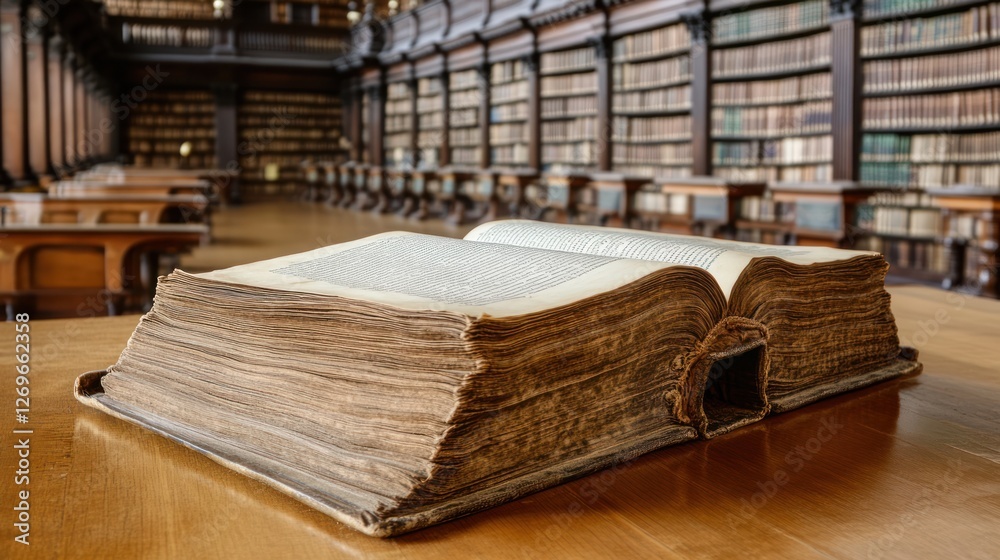 Poster Ancient Book Open in Grand Library Setting