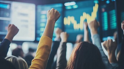 Dynamic closeup of business professionals cheering as stock prices surge on large transparent glass screens displaying an upward-trending financial chart in a modern stock market office



