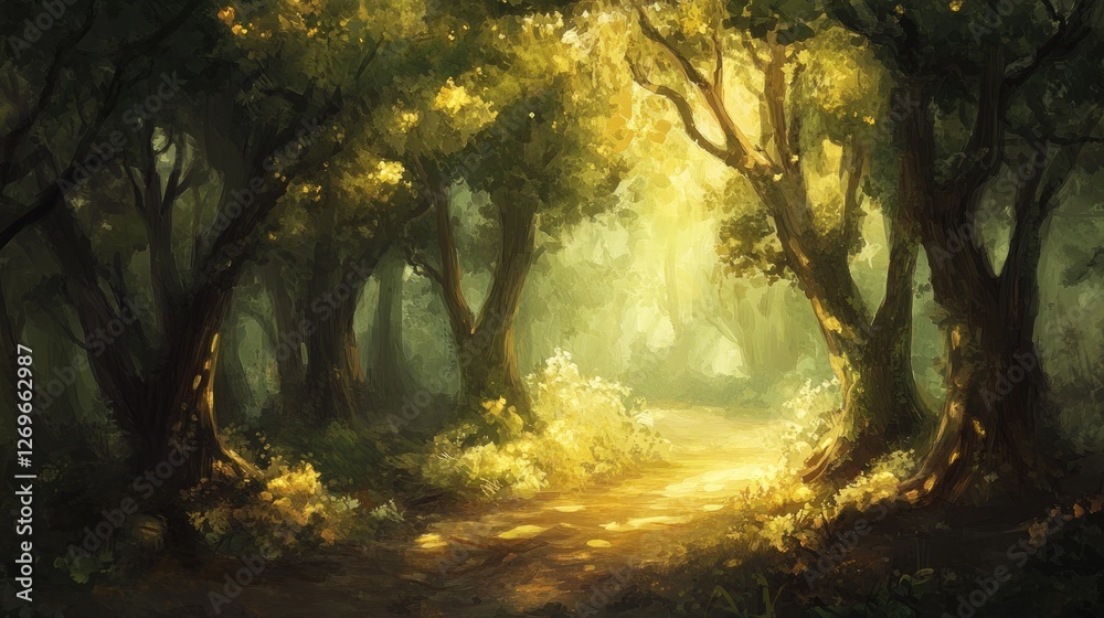 Poster Light shines through trees along a path in a forest