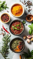 Creative Still Life Featuring Spices and Fresh Herbs on Countertop