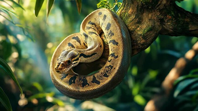 Python rests on a branch in a lush tropical forest, showcasing its stunning colors and patterns