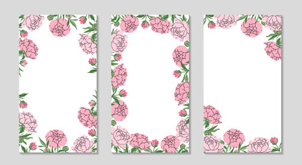Floral long frame artboard set. Delicate pink peony with stem and leaves, small bud. Botanical spring vertical templates. Background for sale, promotions, social media. Vector flat illustration.