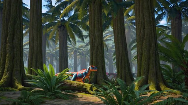 Palm fronds sway as apex predator patrols primordial realm. Muscular allosaurus with vibrant scales navigates between massive tree trunks while seeking prey
