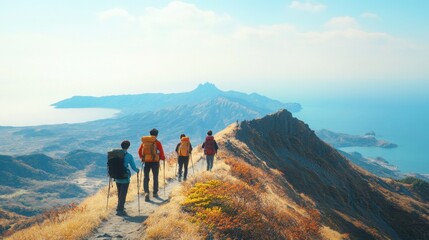 A group of hikers on the rim of Hallasans crater, with sweeping views of the surrounding volcanic landscape and distant ocean in the background