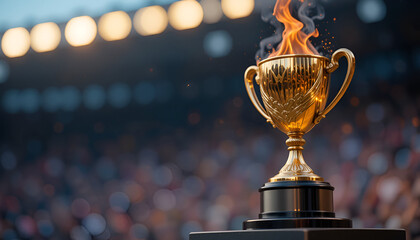 Golden Trophy with Fiery Effects in Stadium – Sports Victory Celebration Concept