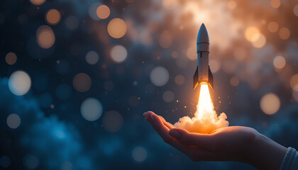 Surreal Digital Art of Hand Holding Cloud with Rocket Launch into Starry Sky