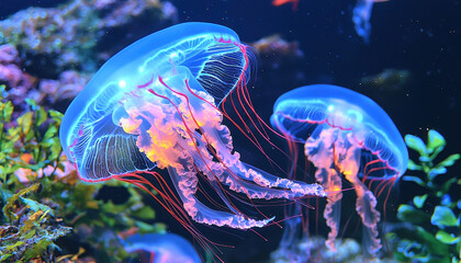 Fototapeta premium Glowing jellyfish with vibrant tentacles in aquarium setting
