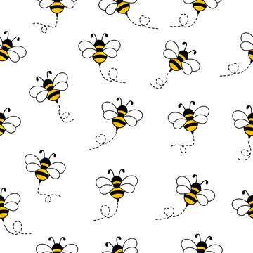 Seamless pattern with cute bees characters. Flying bees with dotted path. Insects group. Vector illustration on white.