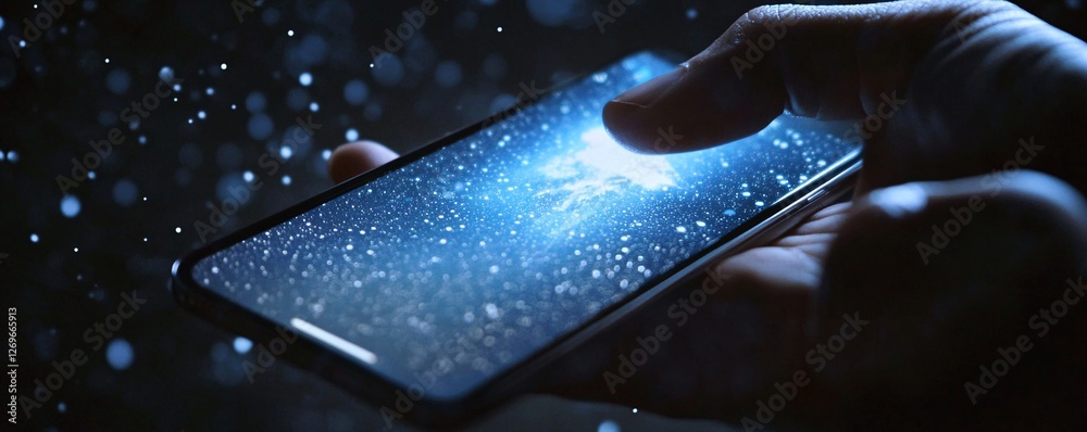 Poster Businessman using smartphone with hologram of earth and digital data flowing