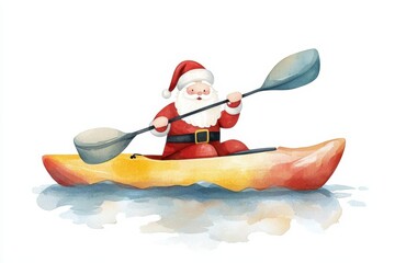 Santa claus kayaking adventure watercolor illustration christmas spirit festive environment playful viewpoint, isolated on white background