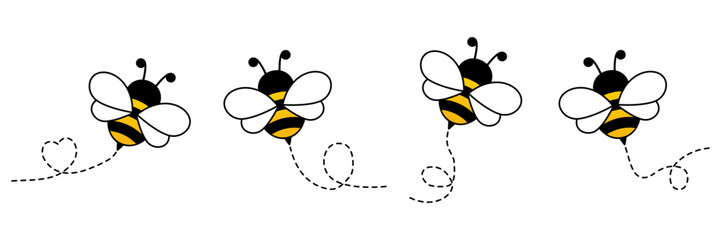 Cute bees characters collection. Flying bees with dotted path. Insects group. Vector illustration isolated on white.