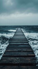 Fototapeta premium Desolate Pier Stretching Into Windy Stormy Ocean Waters