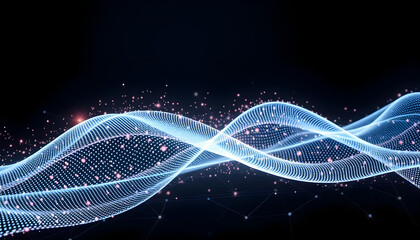 Digital wave design curving across a black background with small pink specks

