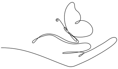 Butterfly sitting on human hand continuous line art drawing. One line butterfly insect. Vector isolated on white.