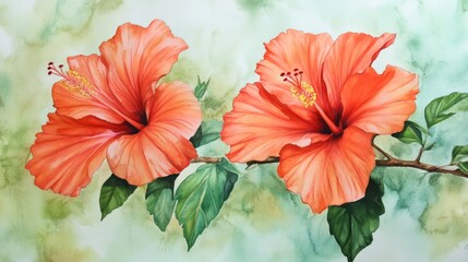Two vibrant hibiscus flowers bloom on a branch gently
