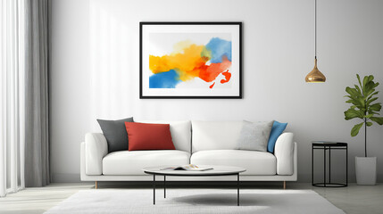 modern interior design with white accent wall , minimalist framed artwork or picture , mockup poster frame  , and stylish  sofa with  pillows in a well-lit living space with green plants 